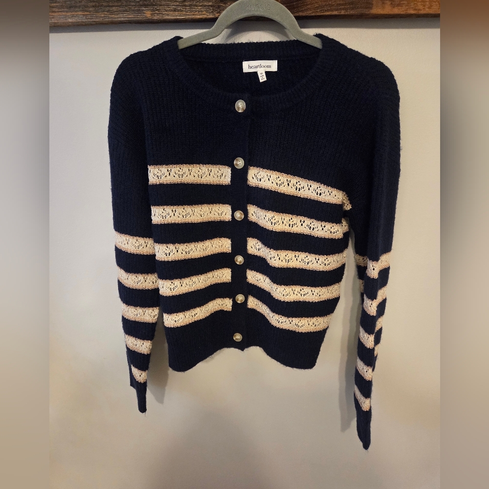 Heartloom Striped Cardigan With Crochet Details and Metallic Thread